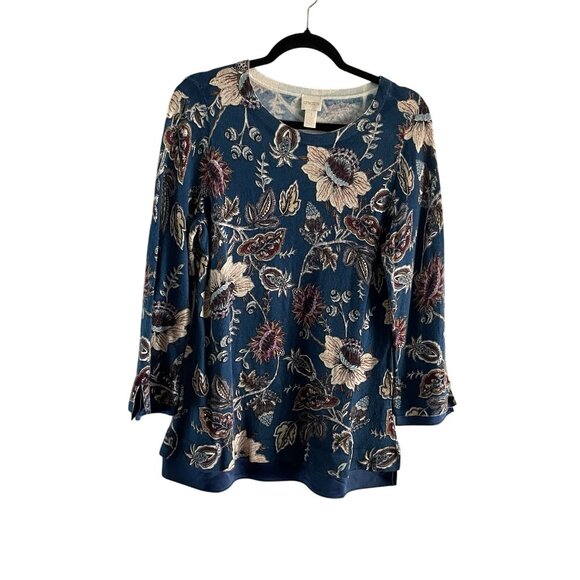 Chicos Wmn 1 US M Dark Teal Floral Faux Layered Hem/Wrists Lightweight Sweater - Picture 1 of 10